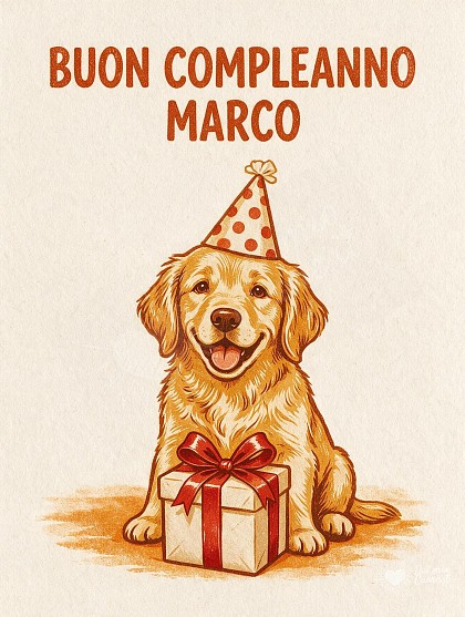 Illustrazione artigianale a stampa con tenero cucciolo che indossa un cappellino festoso a pois accanto a un pacchetto regalo con fiocco rosso.