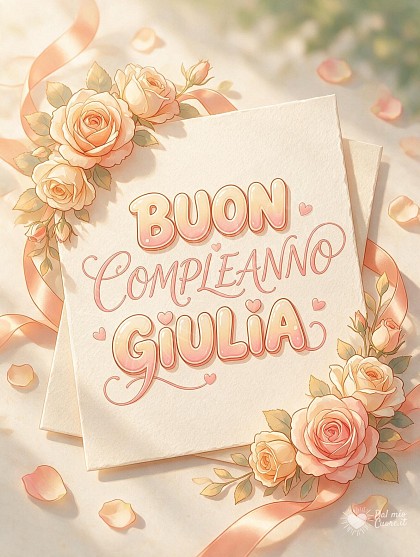 Illustrazione animata in stile moderno con un raffinato biglietto d'auguri circondato da rose nei toni pesca e crema, con nastri in raso e morbida luce diurna.