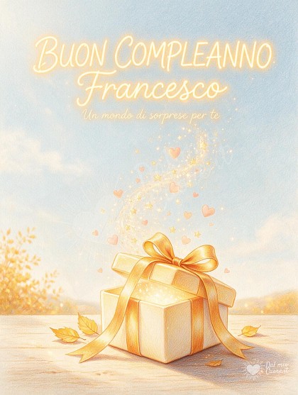 Disegno a pastello e matite colorate di una scatola regalo color crema appena dischiusa con nastro in seta ambrata, da cui scaturiscono faville luminose e cuoricini su sfondo autunnale delicato.
