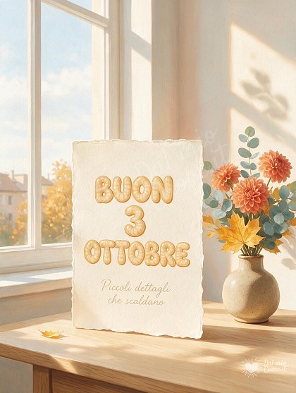 Illustrazione gouache contemporanea con un biglietto elegante su tavolo in legno chiaro e un vasetto di ceramica con dalie autunnali illuminato da una finestra diurna.