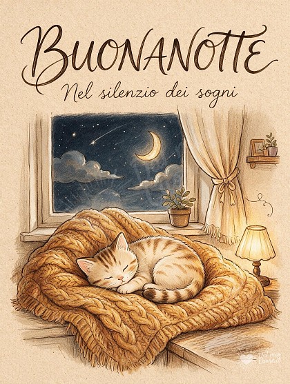Buonanotte con gattino addormentato sul soffice plaid