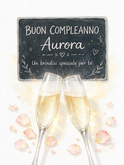 Due eleganti calici di cristallo con spumante dorato che brindano tra petali di rosa cipria e lavagnetta decorativa.