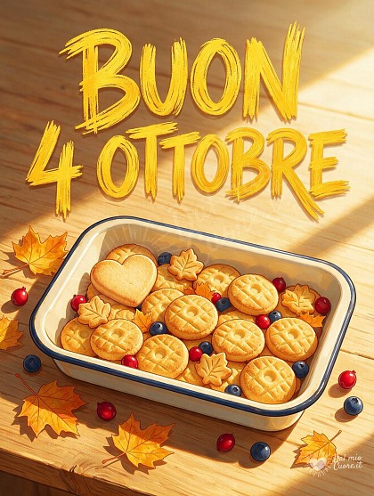Composizione luminosa e colorata con biscottini artigianali decorati, foglie d'autunno e raggi di sole mattutini.