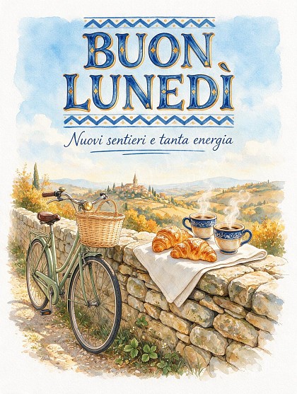 Illustrazione ad acquerello di una bicicletta vintage appoggiata a un muretto panoramico con cornetti fragranti e due tazzine di caffè fumanti.