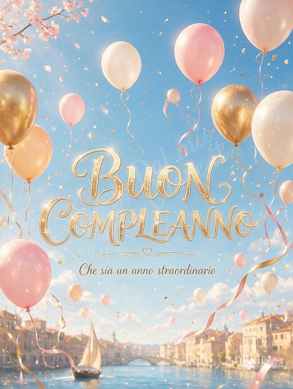 Palloncini fluttuanti nei toni cipria, crema e oro metallizzato con coriandoli dorati scintillanti e nastri di seta sotto la luce del sole.