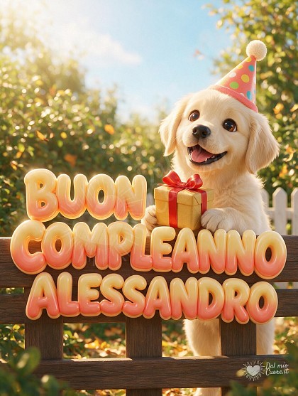 Tenero cucciolo in stile tridimensionale animato con cappellino festoso a pois colorati e piccolo pacco regalo con nastro rosso sotto una luce solare allegra.