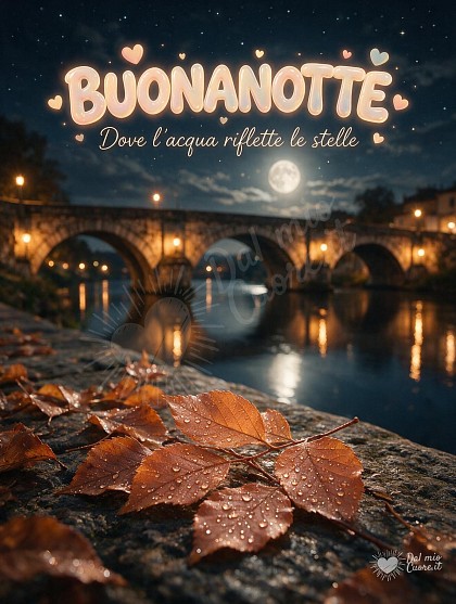 Un ponte antico in pietra ad archi illuminato da lampioni caldi sul fiume tranquillo, con la luna piena e le stelle riflesse sull'acqua calma della notte.