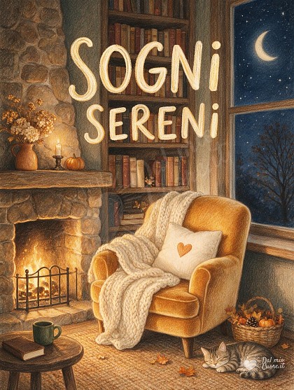 Una stanza notturna illuminata dalle braci calde di un camino, con una morbida poltrona in velluto, coperta di lana, una libreria in legno e la scritta Sogni Sereni.