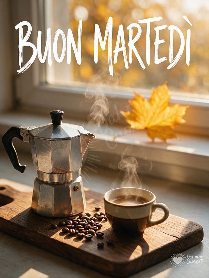 Caffettiera moka classica fumante su tagliere in legno rustico con chicchi di caffè tostati e tazzina in ceramica nella luce dorata del mattino autunnale.