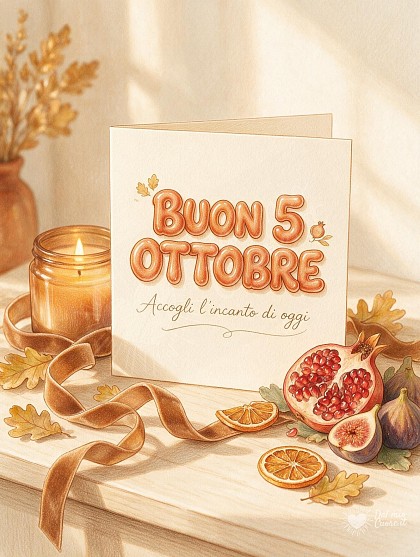 Illustrazione a pastello e matita morbida con una candela ambrata accesa, melagrana a spicchi, fichi maturi, nastrino in velluto e un biglietto augurale con la data del 5 Ottobre.