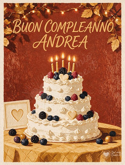 Illustrazione in stile linocut artigianale raffigurante una torta a più strati guarnita con frutti di bosco e candeline accese, illuminata da una radiosa luce solare di inizio autunno con scritta Buon Compleanno Andrea.