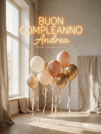 Composizione scandinava luminosa con palloncini fluttuanti nei toni cipria, crema e oro, coriandoli dorati scintillanti e nastri di seta sotto il sole del mattino.