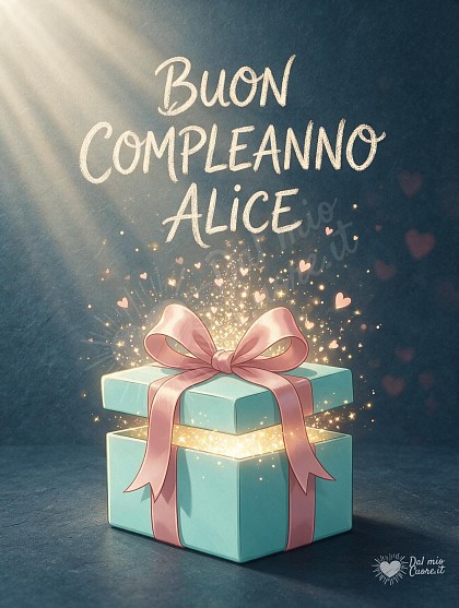 Illustrazione cartoon colorata di un pacco regalo azzurro polvere con nastro in raso rosa cipria semiaperto, da cui fuoriescono particelle dorate e cuoricini nella luce del mattino.