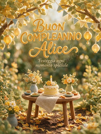 Scena artigianale in miniatura di un tavolo da festa all'aperto decorato con bandierine color pastello, ghirlande e lanterne tra alberi soleggiati.