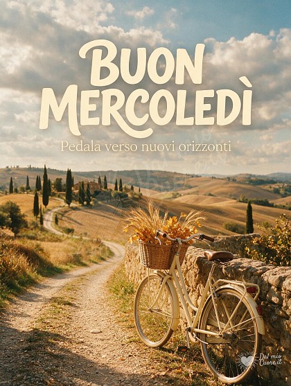 Bicicletta vintage con cestino di vimini appoggiata a un muretto a secco lungo un sentiero di collina tra campi dorati d'autunno
