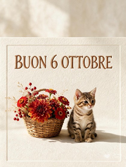 Grazioso gattino tigrato dal musetto curioso seduto accanto a un cestino di vimini con dalie e zinnie colorate, su un cartoncino d'autore con la scritta BUON 6 OTTOBRE.