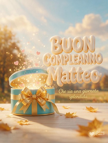 Scatola regalo 3D azzurro polvere e crema appena aperta con fiocco di seta, scintillii dorati e piccoli cuoricini luminosi in un'atmosfera mattutina d'inizio autunno.