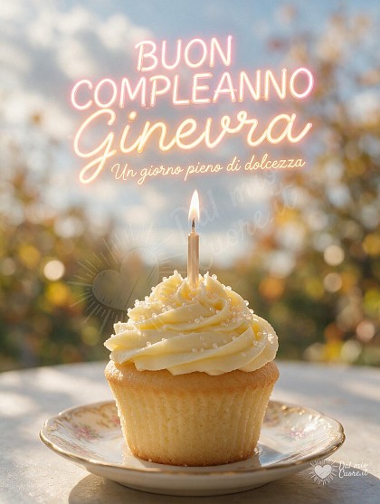 Primo piano ravvicinato di un cupcake soffice con glassa alla vaniglia, perline zuccherate e una candelina accesa su un piattino decorato.