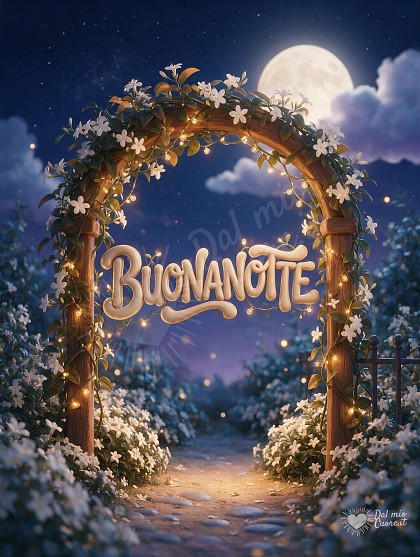 Arco di gelsomino bianco fiorito in un giardino serale.