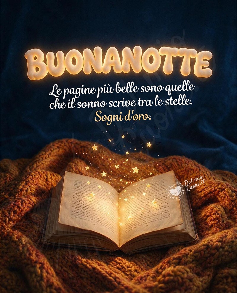 Buonanotte con libro delle fiabe e stelle dorate e frase