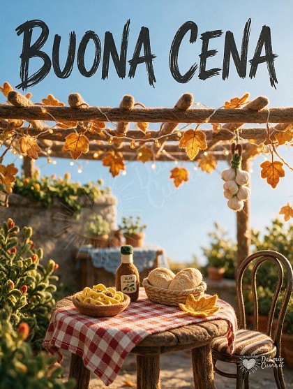 Diorama in feltro e lana cardata con tavolino di una trattoria italiana all'aperto, tovaglia a quadretti, tagliere rustico e lucine accese nel sole dorato.