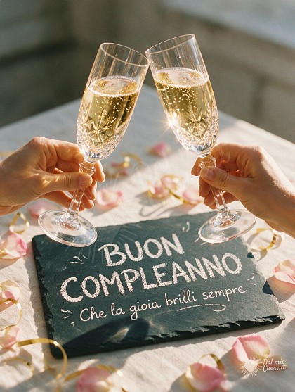 Due calici di cristallo con spumante dorato e bollicine che brindano su una tavola cosparsa di petali di rosa freschi e luce solare.