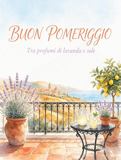 Illustrazione ad acquerello di una terrazza panoramica con vasi di limoni, lavanda e una bibita fresca su un tavolino in ferro battuto con vista sulle colline soleggiate.