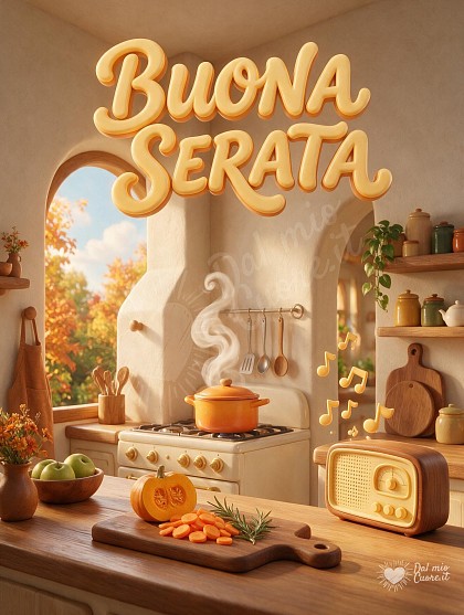 Scena in stile animazione 3D morbida di una cucina rustica illuminata dalla luce dorata del tramonto, con pentola fumante e una piccola radio vintage sul bancone.