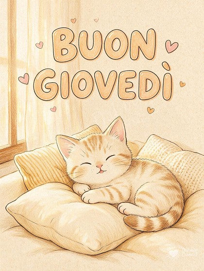 Illustrazione delicata in stile doodle di un tenero gattino arrotolato tra soffici cuscini illuminato da una lama di sole del mattino con la scritta BUON GIOVEDÌ
