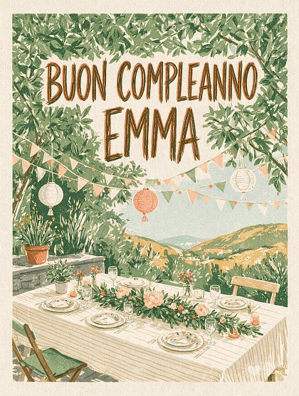 Tavola festiva in giardino imbandita all'aperto con ghirlande colorate e lanterne tra rami frondosi, con scritta di buon compleanno per Emma.