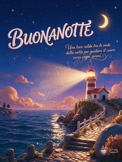 Un faro a strisce bianche e rosse eretto su una scogliera rocciosa affacciata sul mare notturno, con un raggio luminoso dorato che rischiara le onde calme sotto nuvole soffici e stelle luminose.