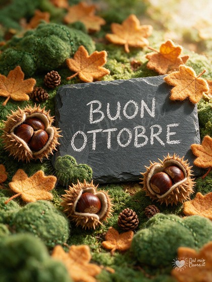 Composizione artigianale d'autunno con foglie d'acero dorate, ricci di castagne, muschio e piccola lavagnetta con scritta Buon Ottobre.