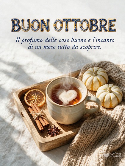 Composizione dall'alto con una tazza fumante in ceramica su vassoio di legno, coperta in lana intrecciata, stecche di cannella, anice stellato e piccole zucche decorative.