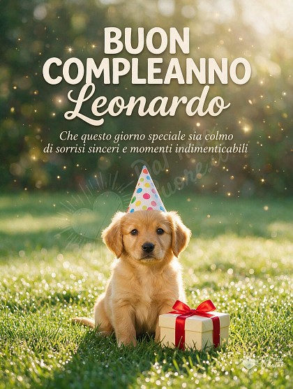 Tenero cucciolo con cappellino a pois accanto a un pacchetto regalo con nastro rosso su un prato verde baciato dalla rugiada e dal sole.