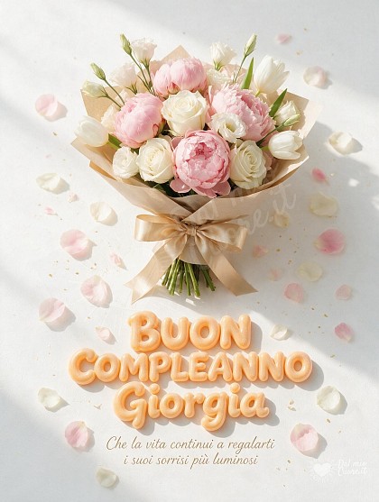 Composizione zenitale luminosa con un grande bouquet di peonie rosa, rose candide e lisianthus avvolto in carta kraft con nastro di seta dorato su fondo bianco.