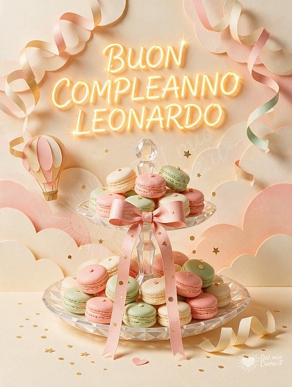 Composizione tridimensionale in carta intagliata con una raffinata alzatina colma di macarons pastello, coriandoli dorati e scritta luminosa al neon per Leonardo.