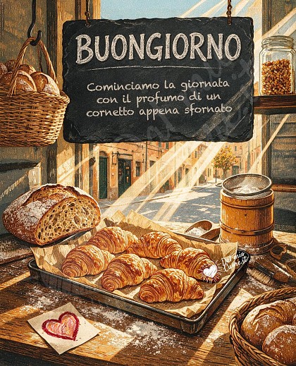 Croissant, filoni di pane caldo e farina in una panetteria illuminata dal sole mattutino. E un saluto di buongiorno