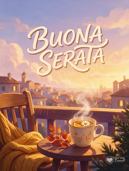 Illustrazione cartoon di una tazza fumante di tisana su un balcone con vista sul tramonto autunnale dorato e indaco.