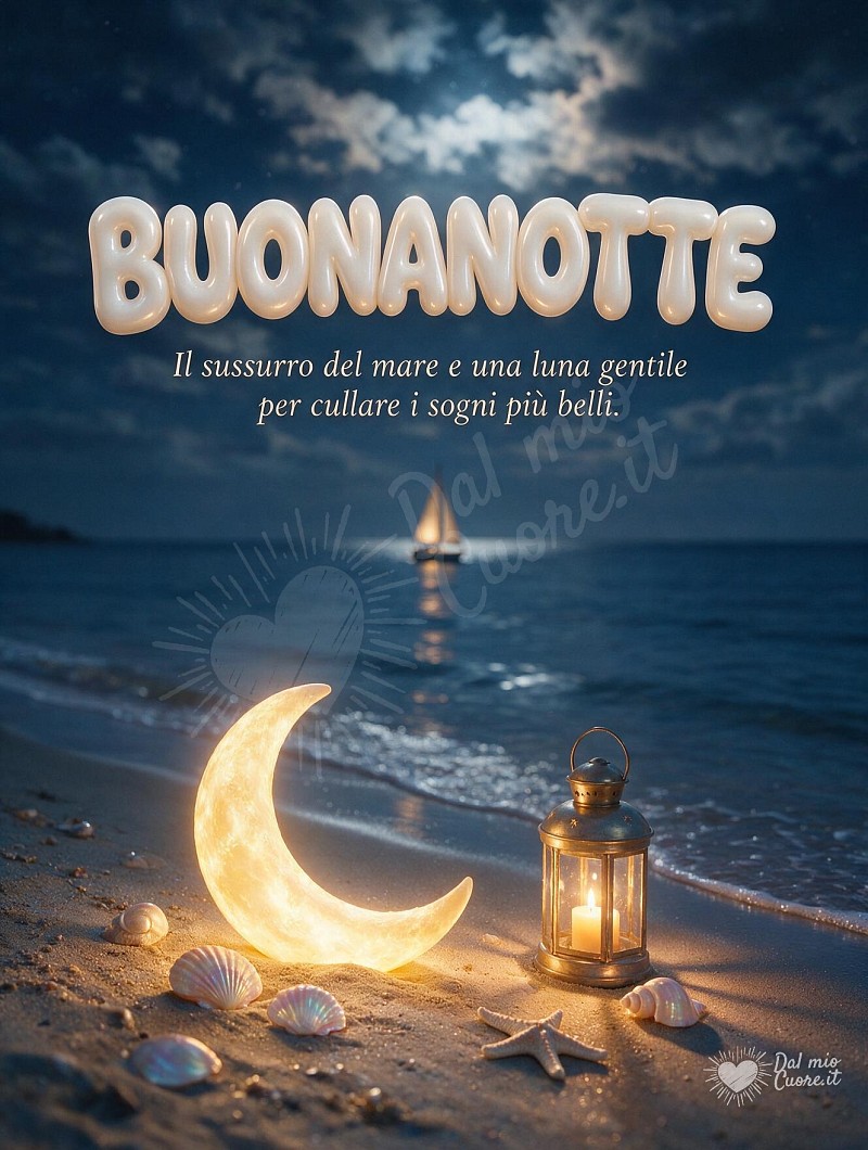 Buonanotte sulla spiaggia con falce di luna e lanterna