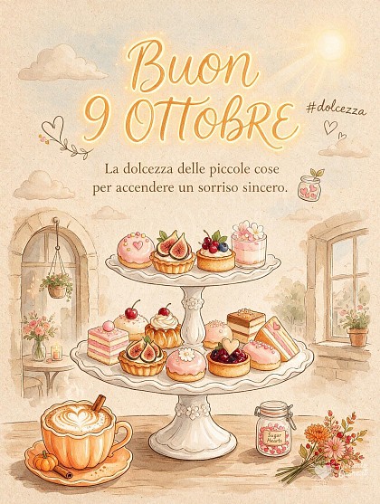 Illustrazione doodle di un'alzatina in porcellana a due piani con pasticcini glassati e fiorellini, accompagnata dalla scritta di Buon 9 Ottobre.