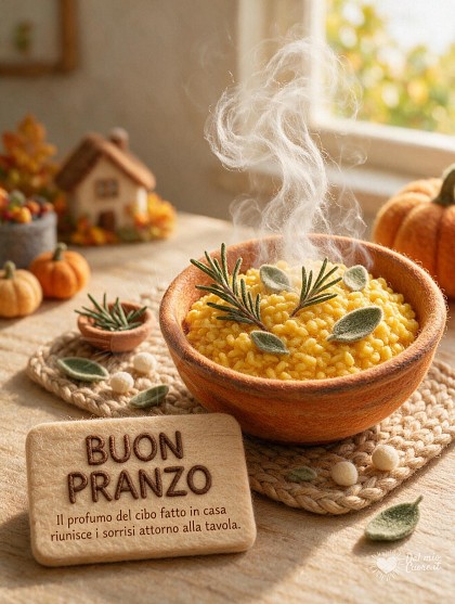 Piatto in terracotta con risotto dorato fumante realizzato in morbido feltro artigianale con erbe aromatiche su tavola rustica illuminata dalla luce diurna.