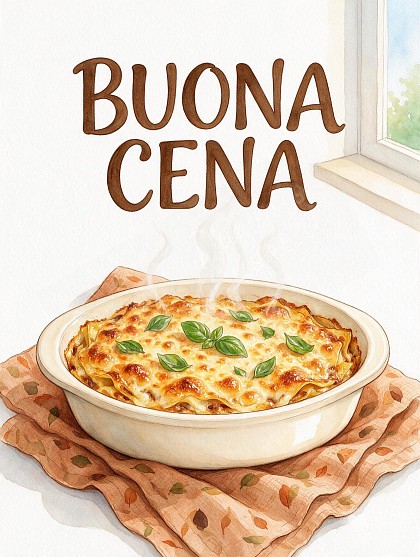 Illustrazione ad acquerello di una pirofila in ceramica con pasta al forno gratinata e crosticina dorata.