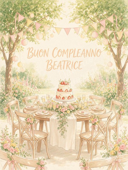 Illustrazione a pastello di un tavolo festivo in giardino imbandito con torta, ghirlande floreali, bandierine e lanterne di carta con scritta di auguri per Beatrice.