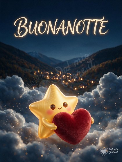 Una stella dorata sorridente con guance rosee abbraccia un soffice cuore rosso di peluche nel cielo notturno punteggiato di stelle, sopra un borgo alpino addormentato con lucine calde.