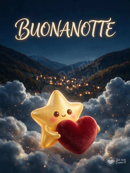 Buonanotte con stella dorata e cuore soffice tra le nuvole