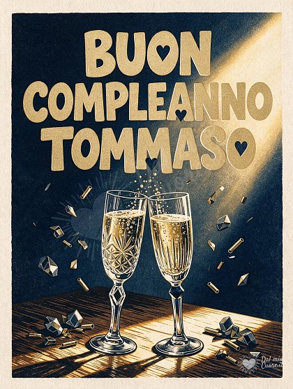 Due calici da brindisi con spumante dorato e perlage brillante su ripiano in legno noce con coriandoli geometrici e grande scritta per Tommaso.