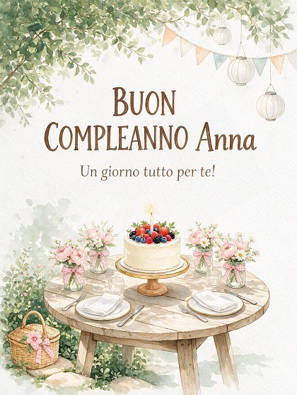 Illustrazione ad acquerello di un tavolo festivo in giardino imbandito con torta, ghirlande di bandierine pastello e lanterne decorative alla luce del sole per il compleanno di Anna.