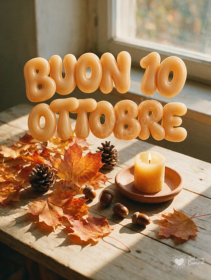 Composizione autunnale con foglie d'acero rosse e dorate, pigne, ghiande e una candela accesa su legno rustico