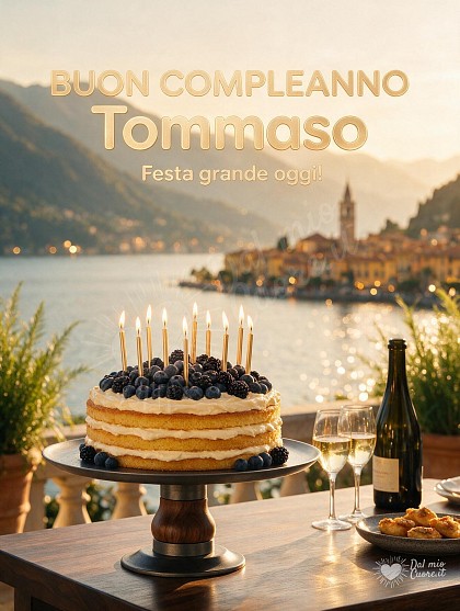 Spettacolare torta artigianale su alzatina scura con mirtilli, more e candeline dorate accese su una terrazza panoramica illuminata dalla luce del sole.