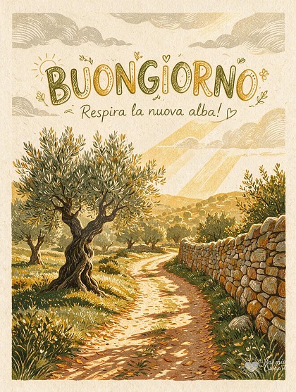 Stampa artistica con sentiero sterrato tra ulivi secolari dai riflessi argentei e muretto a secco sotto la luce limpida del mattino autunnale.